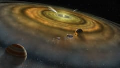 形成されつつある星系の原始惑星に隕石が膠着している様子。