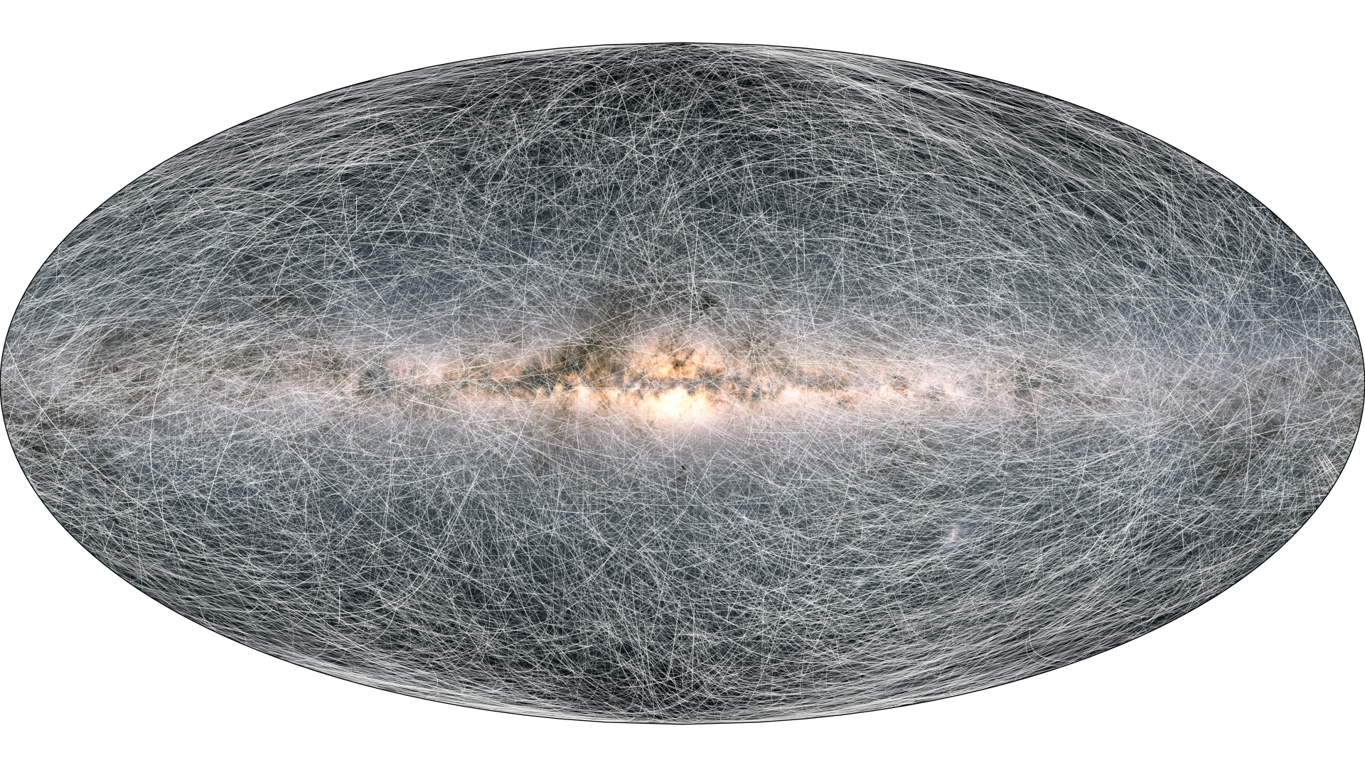 太陽から100パーセク内にある4万の星の今後40万年間の移動の軌跡を表示した宇宙地図。