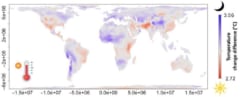 青は夜間に温暖化の進んだ地域。赤は日中に進んだ地域を示す。