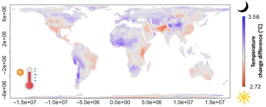 青は夜間に温暖化の進んだ地域。赤は日中に進んだ地域を示す。