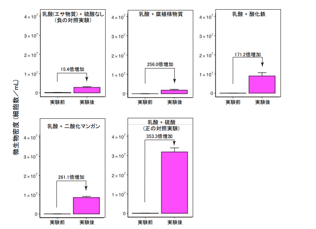 エサ物質の乳酸に加え、呼吸に用いる物質を変えた場合の HN2T株の成長度合い。