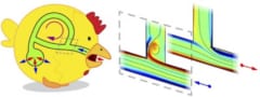 鳥の肺のデフォルメされたイメージ。青矢印が吸気、赤矢印が排気。