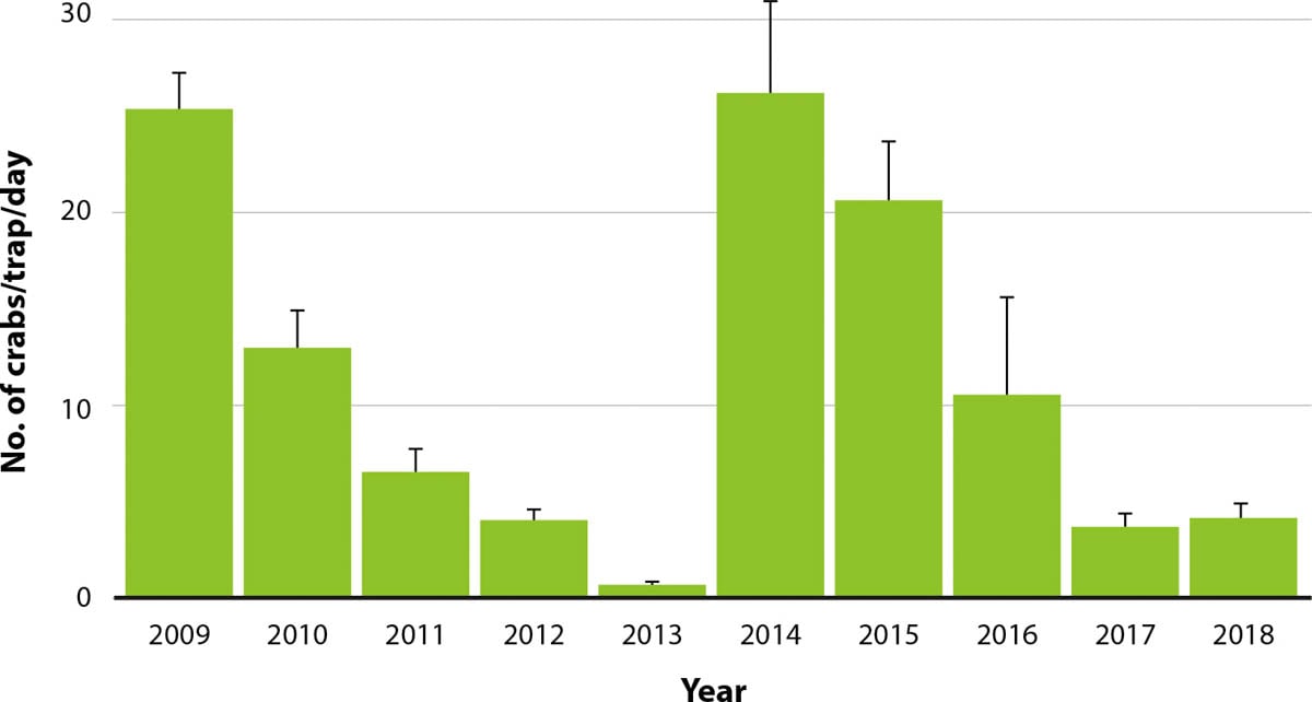 1日に捕獲されたヨーロッパ・ミドリガニの数（2009〜2018）