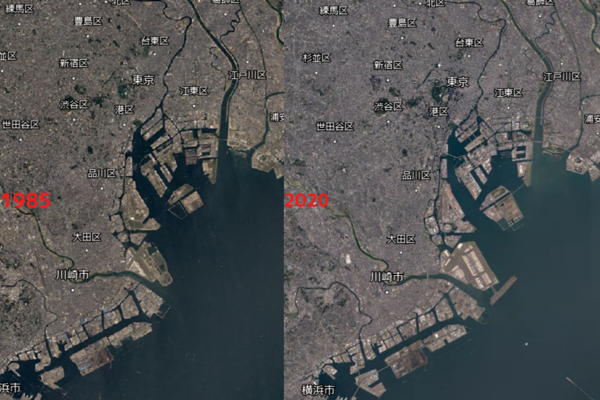 GoogleEarthタイムラプスの1985年から2020年の東京