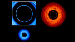 連星系を上から見ると、降着円盤の中に片方の小さな姿が映っている。