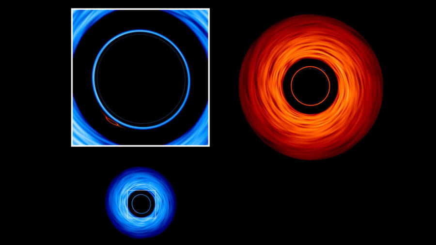 連星系を上から見ると、降着円盤の中に片方の小さな姿が映っている。