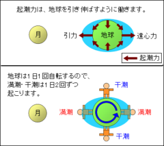 潮の満ち引きは月の公転と地球の自転速度が異なるために起きている。