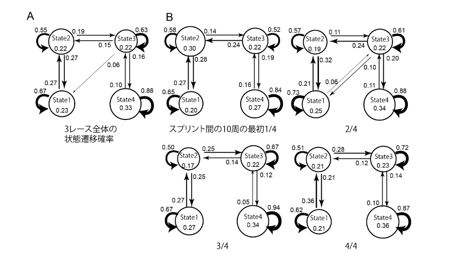 観察した3つの競技の状態遷移確率 (A) およびスプリント間の10周を4等分した区間での状態遷移確率 (B)