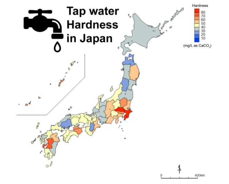 水道水の硬度を示した分布図