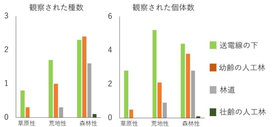 各環境で確認されたチョウの種数と個体数。値は調査地１か所あたりの平均値