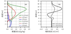  二つの豪雨をもたらした雲を構成する雲粒の質量（緑），あられの質量（赤），雨の質量（青） ,電荷密度の高度分布（黒）。実線は九州北部豪雨、点線は西日本豪雨を表す