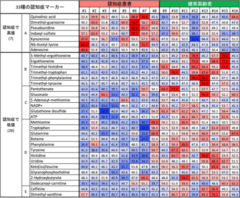 血中の代謝物の濃度（赤色が高値、青色が低値）