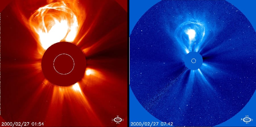 2000年に撮影された太陽のコロナ質量放出。このときは10億トンもの粒子が宇宙に舞い上げられた。