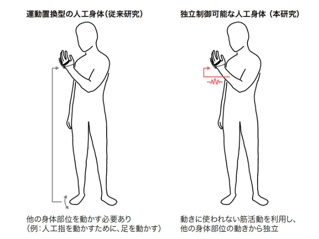 （左）従来の人体拡張, （右）求められる独立制御可能な人体拡張