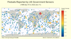 NASAが報告している火球イベントの分布マップ