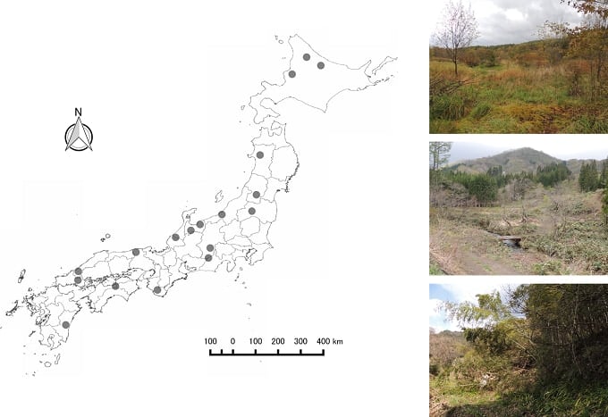 対象とした18地域（左）と対象例の廃村（右）