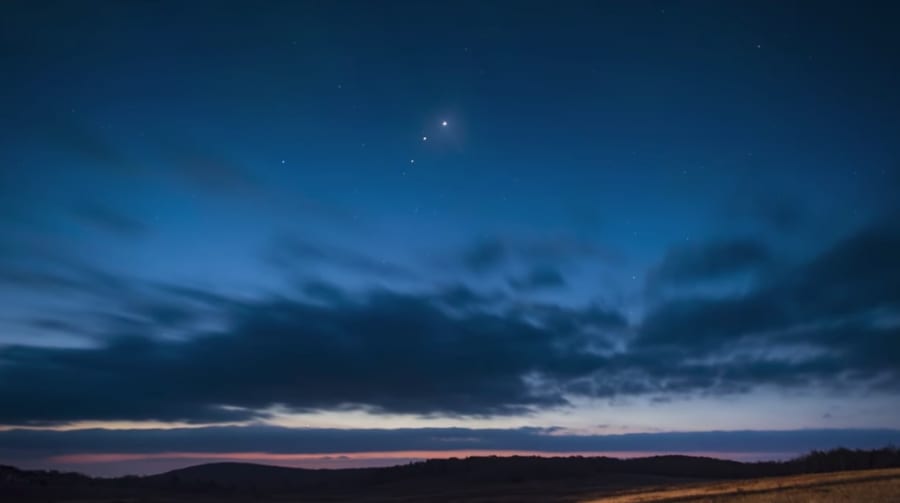 今年3月下旬に撮影された金星・火星・土星の並び