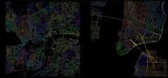 （左）ロンドンにある複雑な道路, （右）ニューヨークにある格子状の道路