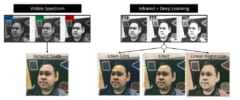 （左）可視光による写真, （右）赤外線から予測したフルカラー画像