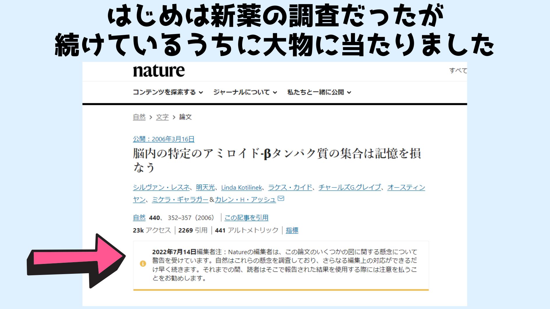 現在、該当するNatureの論文には注釈が加えられている