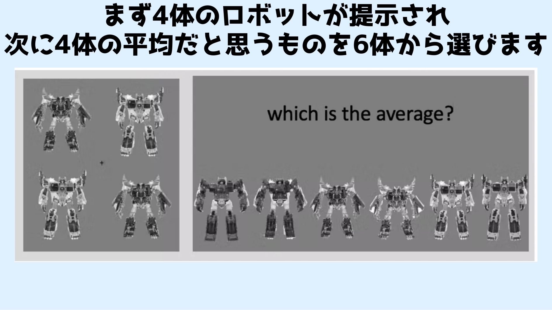 ５つ目は提示された４体のロボットの平均を予測して、続いて提示される６体の中から選びます