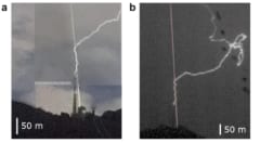 自然発生した稲妻が避雷針に誘導される