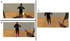 （A）両手で同じ目標物体に触る, （B）それぞれで別の目標物体に触る。相手の目標物体が視認できるケース, （C）それぞれで別の目標物体に触る。相手の目標物体は視認できないケース