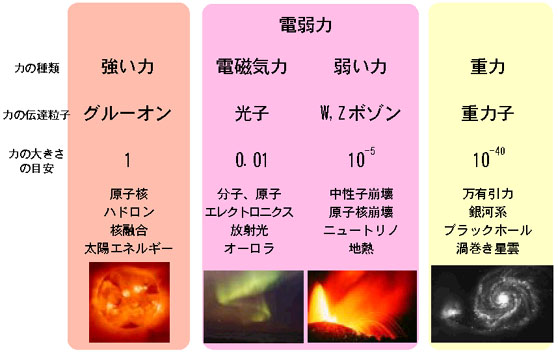 物理が定める自然界の4つの力と、それを伝える素粒子。