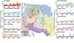 アメリカ西部における大規模火災発生件数の推移。年々増加している。