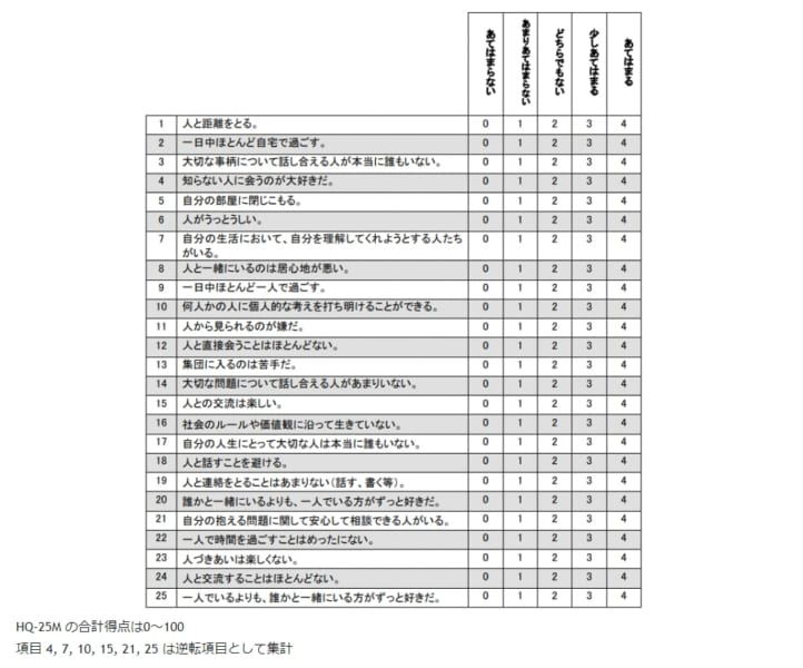 1ヶ月版ひきこもり度評価尺度 HQ-25M