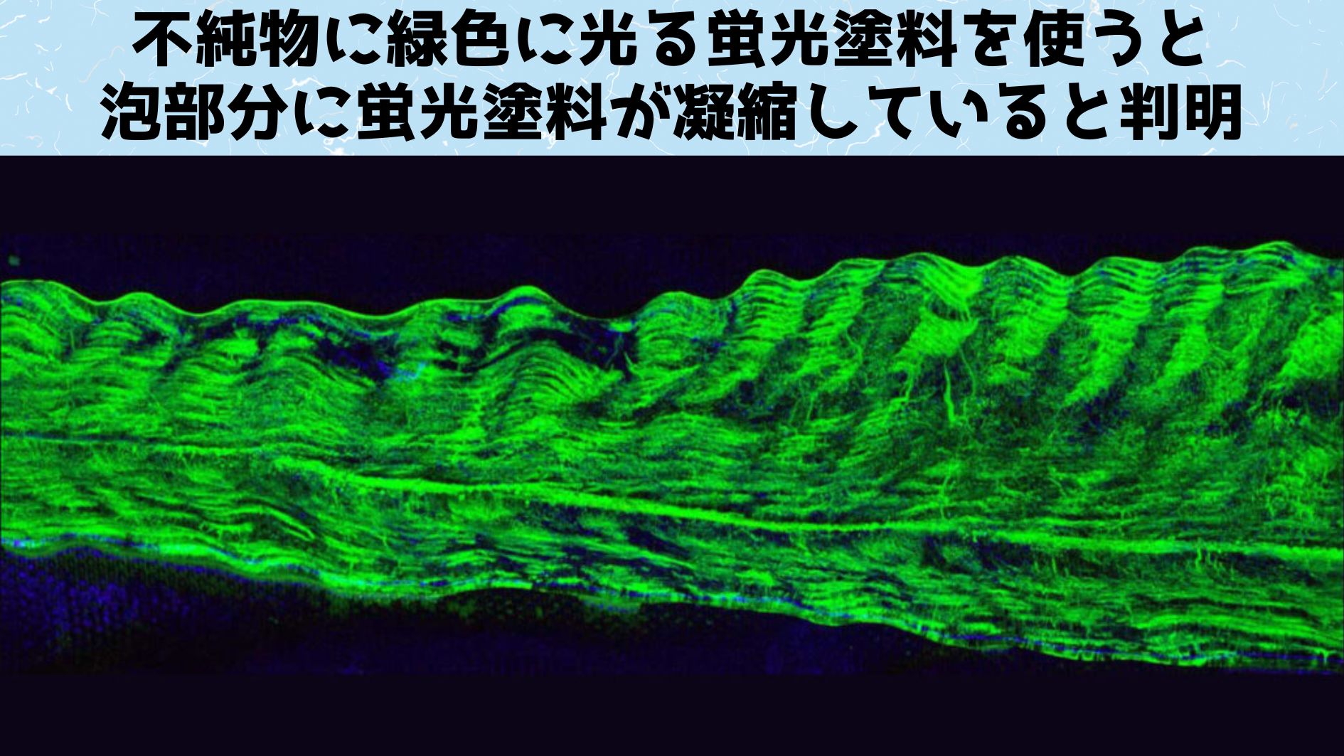 つららの不純物に蛍光色素を使うと泡の部分が緑色に光る