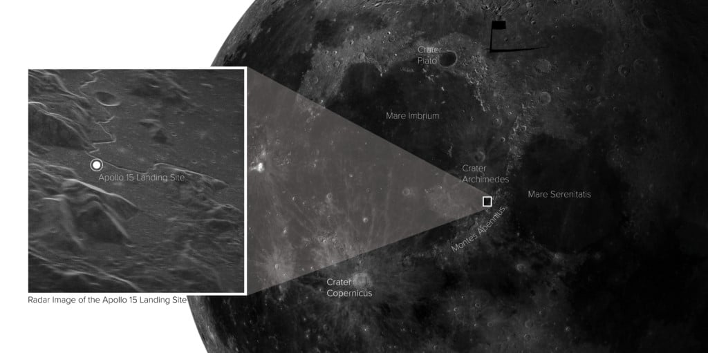 次世代惑星レーダーのプロトタイプが取得した月面の画像。アポロ15号の着地地点が見える