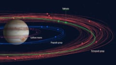 内側からガリレオ衛星（ピンク）、順行（青）、バーリトゥード（緑）、逆行（赤）