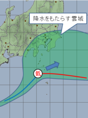 南岸低気圧により発生した「降水をもたらす雲域」の模式図