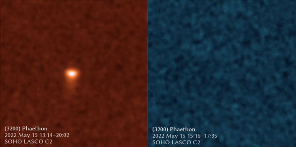 フィルターにかけたファエトンの画像。（左）ナトリウムを検出するフィルター、（右）塵を検出するフィルター