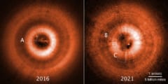 左：2016年に見つかった影の場所、右：2021年の観測で新たな影Cを発見