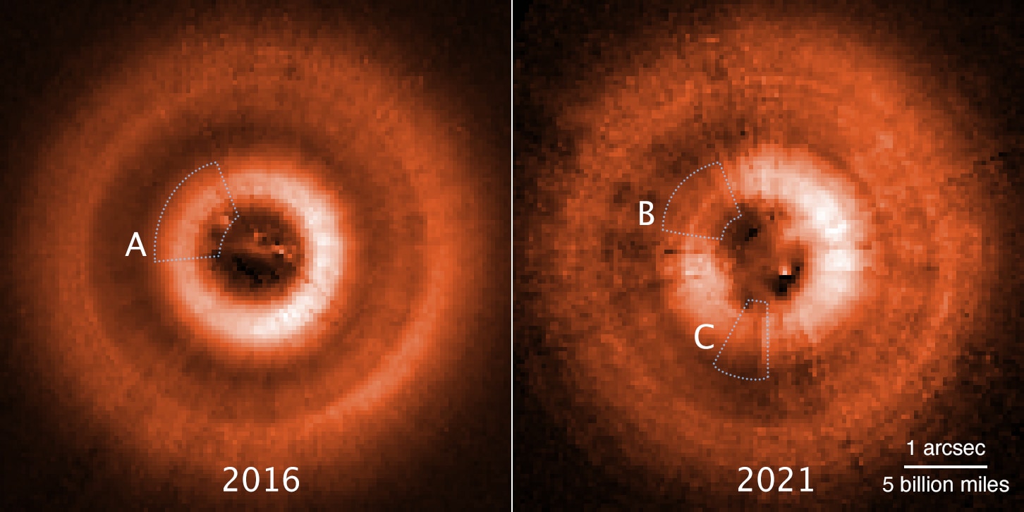 左：2016年に見つかった影の場所、右：2021年の観測で新たな影Cを発見