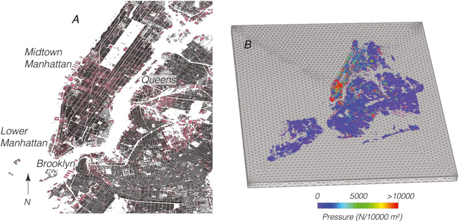 A:ニューヨーク各地の建物の質量を算出、B：網目状に区分けした地域ごとの下降圧力を算出