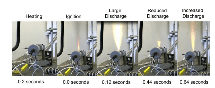 電池の過熱により熱暴走を起こし、ノズルから発火する様子