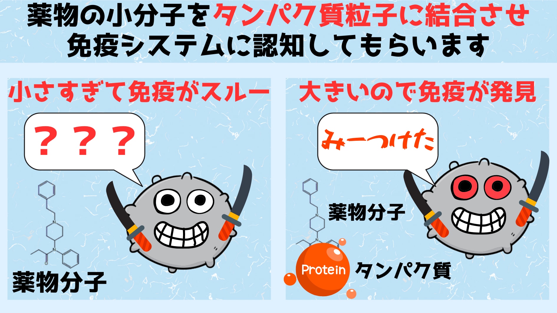 薬物の小分子をタンパク質粒子に結合させることで免疫システムがみつけられるようにします