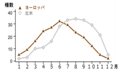 ヨーロッパ、北米の雑草の月ごとの開花種数。日本に生えるヨーロッパ原産、北米原産の雑草の開花時期と違いはなかった