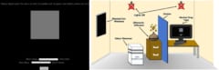 実験画面（左）実験室の様子（右）実験は暗室で行われ、匂いの種類が変わるごとに空気清浄機で空気を入れ替えた