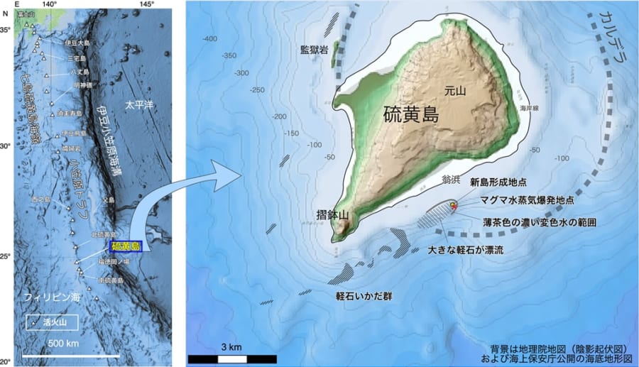 硫黄島とその南東沖で発生した今回の火山噴火の図解