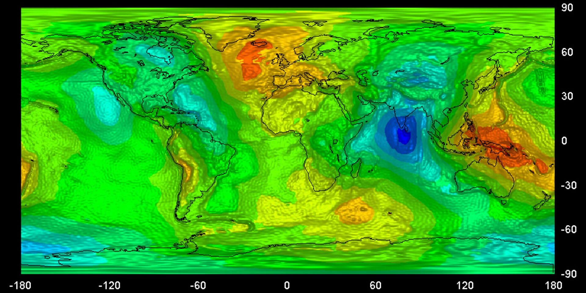 重力地図。インド洋に大きな「重力の穴」がある