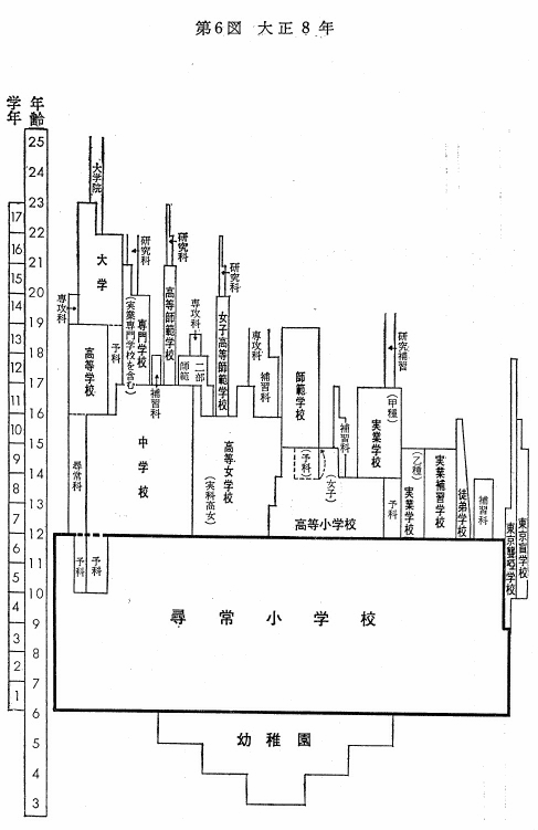 大正8年（1919年）の学校系統図、小学校卒業後中学校に行くか高等小学校に行くかで将来は大きく異なった