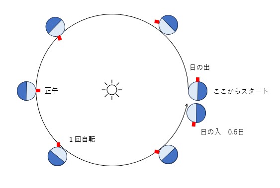 水星の一日と自転周期。赤い四角は水星上の固定された位置を示している。