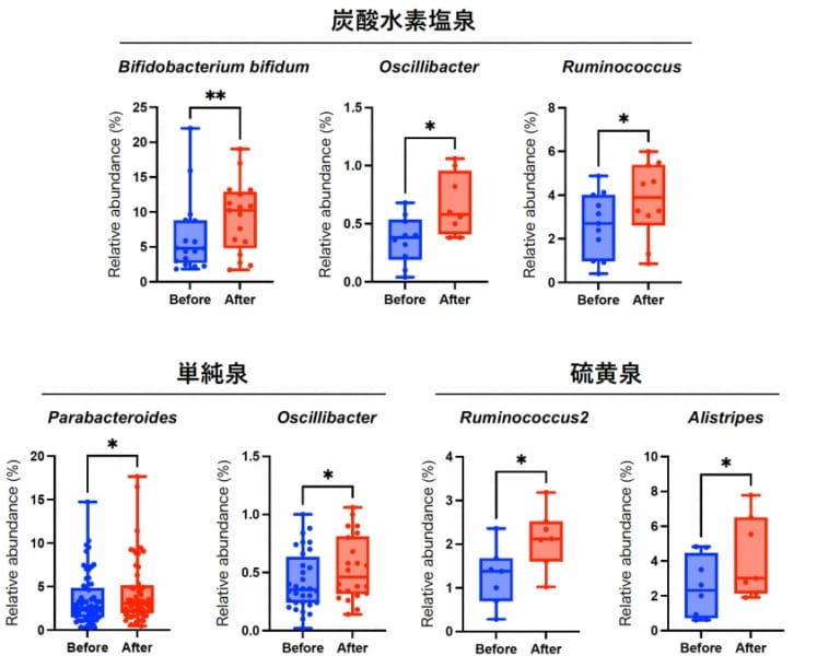 泉質ごとに変化した腸内細菌の比較（青：入浴前、赤：入浴後）