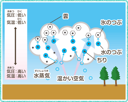 空気の中にふくまれていた水蒸気が冷ひやされて、ちりに集まって水や氷のつぶになる。これが雲の正体です。