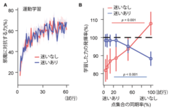 実験の結果。 （A） 迷いなし又は迷いありのグループが学習した邪魔に対抗する力 、（B） 迷いなし又は迷いありのグループが運動学習後に行った別の状況における力の発揮率