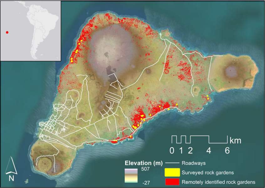 農地の場所。黄色：実地で確認された農地、赤色：遠隔で確認された農地